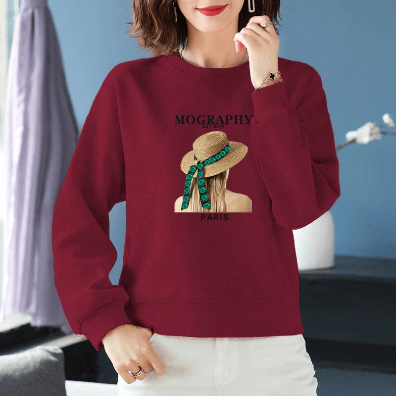 加绒/不加绒大码宽松圆领外套女秋冬新款小个子长袖印花短款卫衣