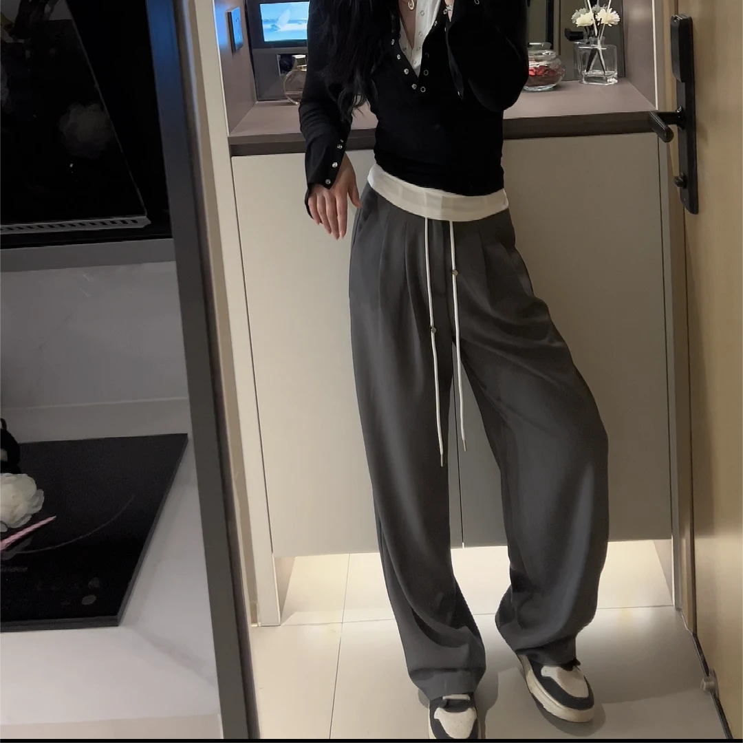 【 亏米甩 NO退 NO换】松紧腰高腰细带腰头拼接垂感长裤休闲裤24379