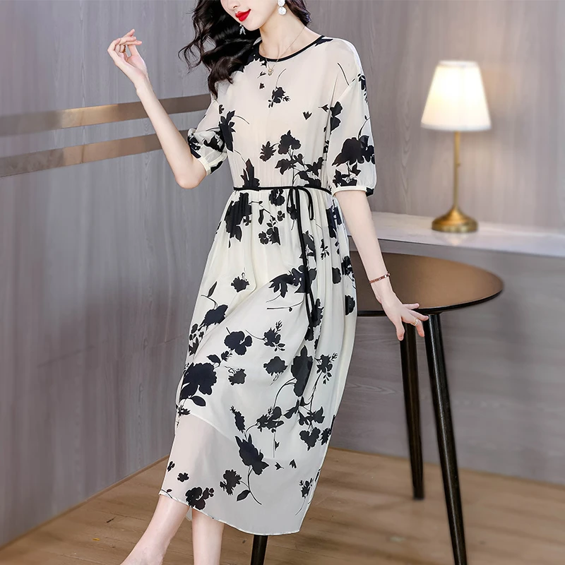 新款碎花连衣裙 2025春夏女装杭州丝绸中长款显瘦仿桑蚕丝裙子