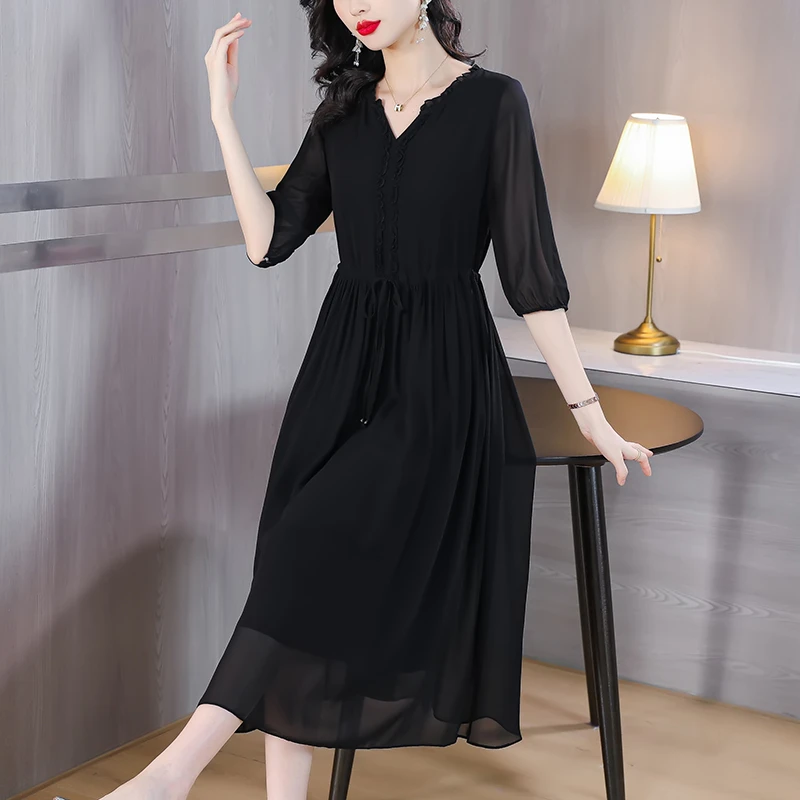 【仿桑蚕丝】高端大牌黑色连衣裙夏季妈妈气质优雅V领中袖裙子女