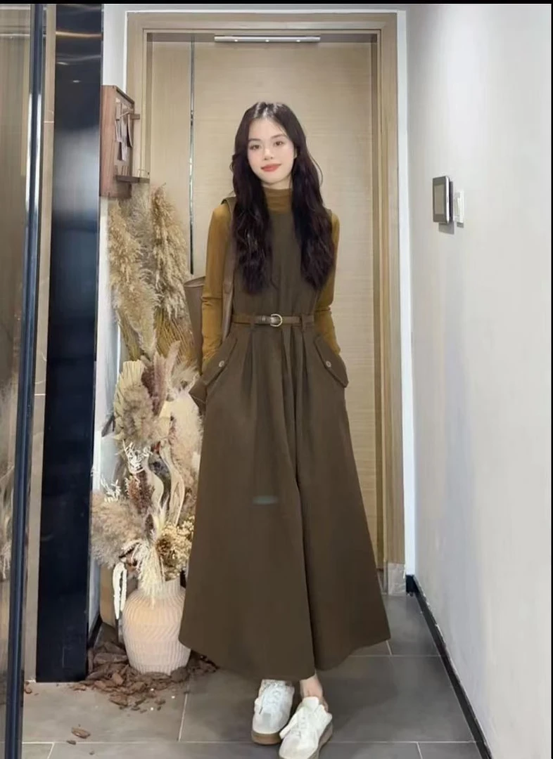 AN XIN 韩系复古秋冬中领打底衫+厚款毛呢背带裙9885