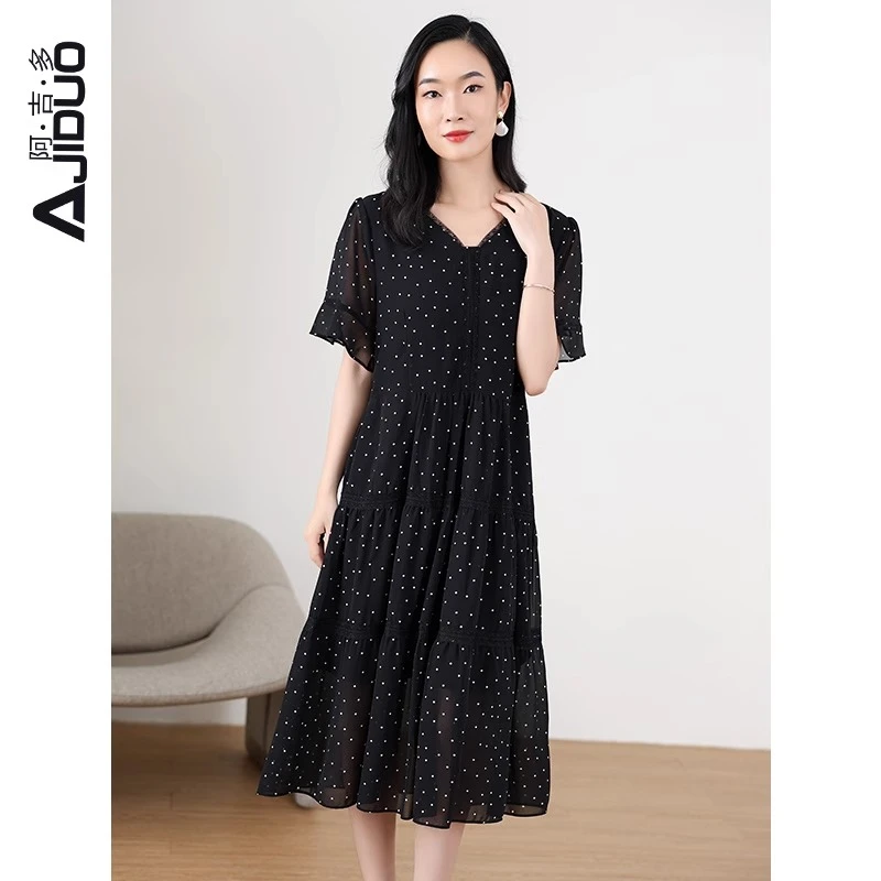 A50066阿吉多高端精致连衣裙2024新款夏季女波点优雅气质黑色裙子