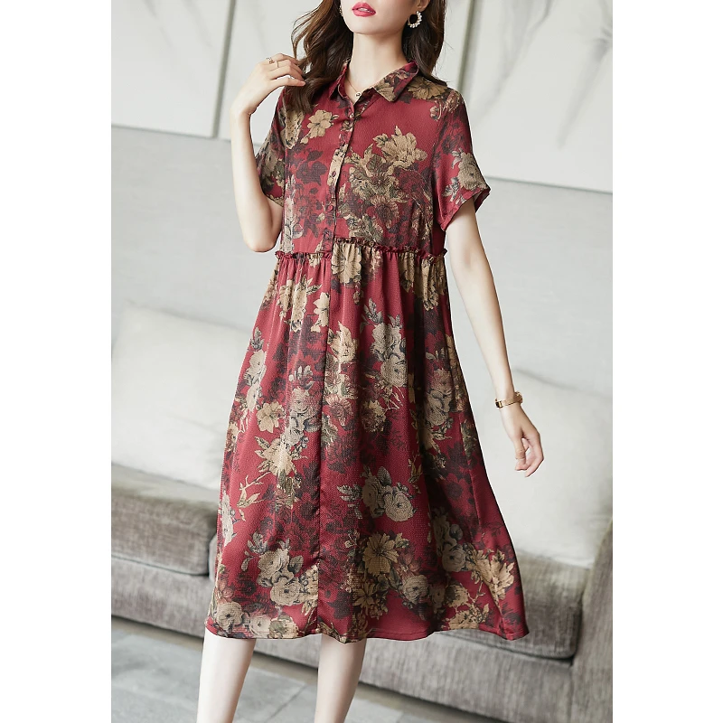 A96820女士薄款优雅气质连衣裙夏2025新款高端大码印花阔太太裙子