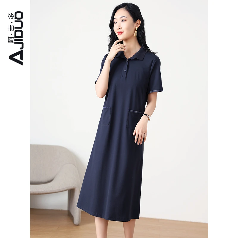 A89798阿吉多短袖连衣裙新款女夏季通勤休闲气质短袖女士蓝色裙子