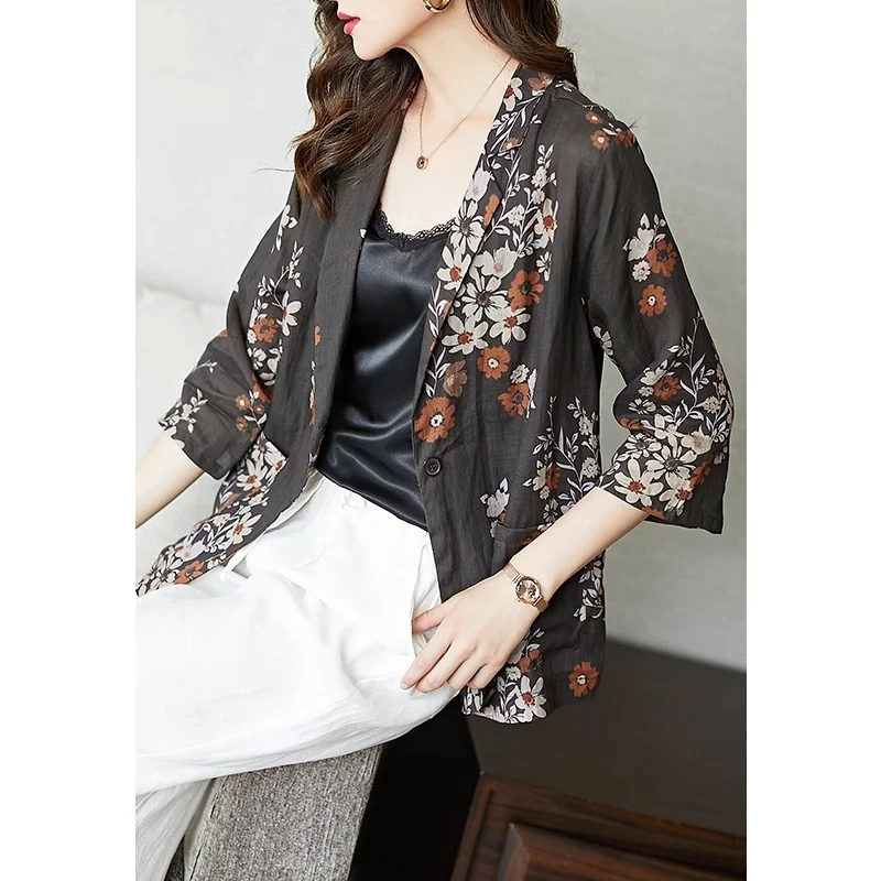 A96723阿吉多西装外套女2024年新款一粒扣小西服文艺时尚薄苎麻