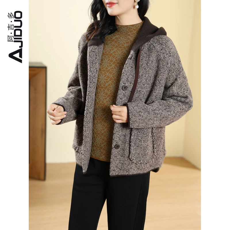 A63002阿吉多连帽外套女秋冬款流苏拼接时尚微胖妈妈显瘦高级上衣