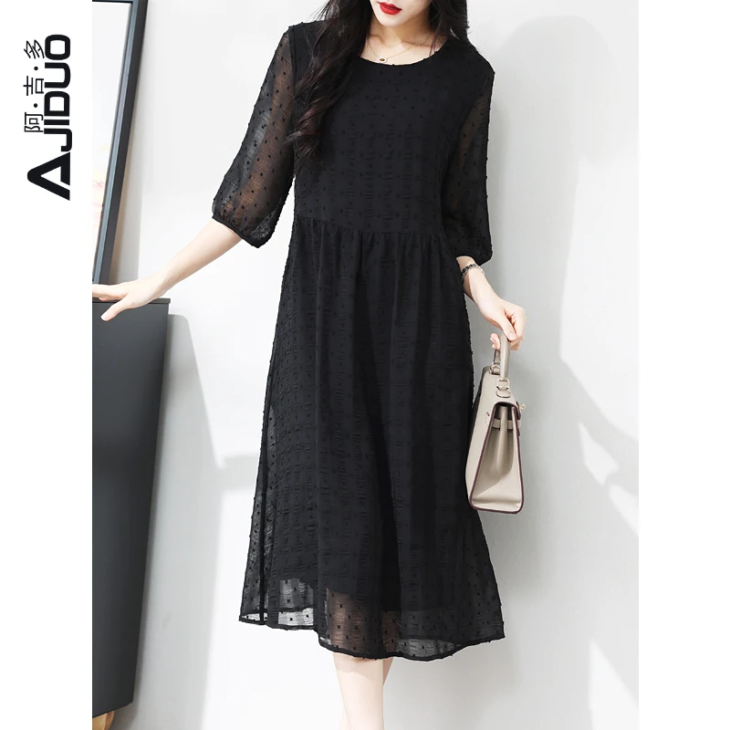 阿吉多A79063高档提花显瘦小黑裙2024新款宽松大码圆领宽松连衣裙