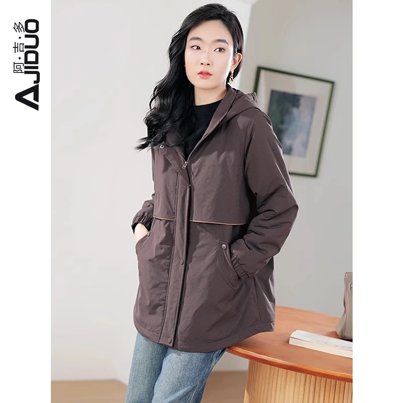 A30896阿吉多连帽加绒保暖外套女秋冬季休闲高级防风加厚冲锋衣