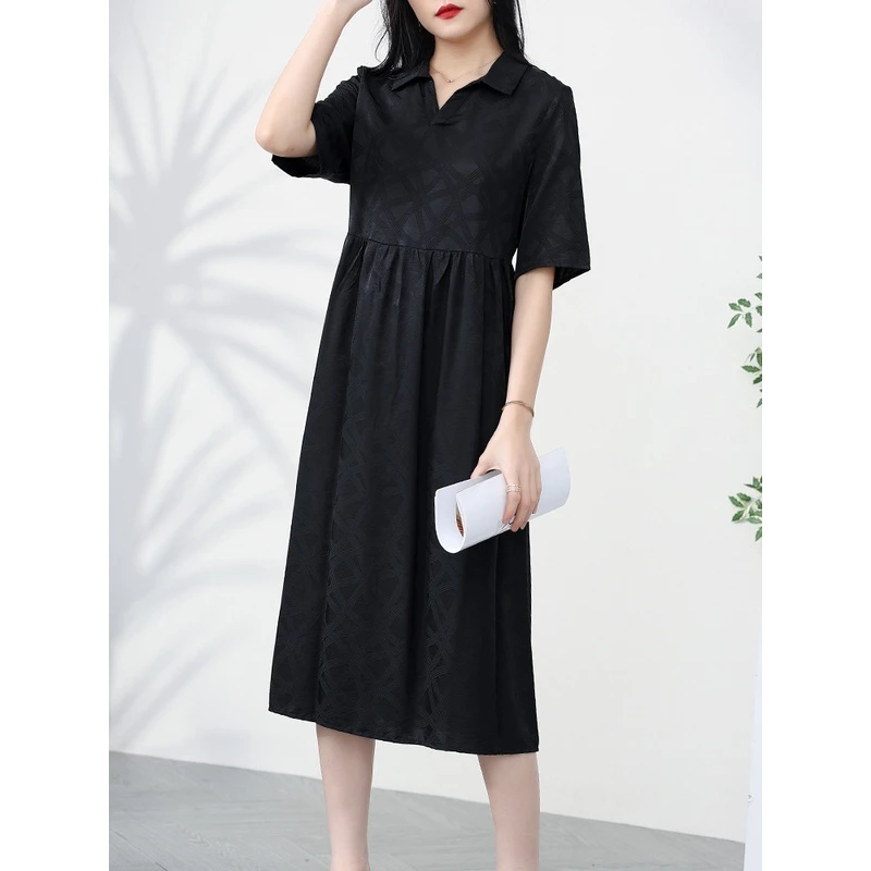 阿吉多-A81597天丝大码显瘦连衣裙女夏季轻奢气质提花小黑裙裙子