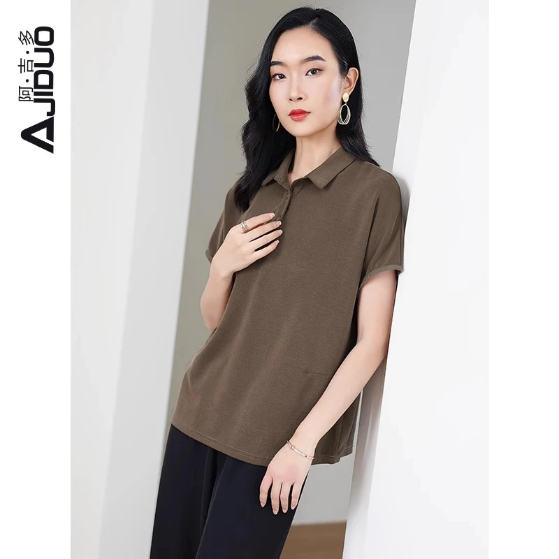 A63622阿吉多短袖t恤女2024新款夏季简约高级气质大码宽松上衣