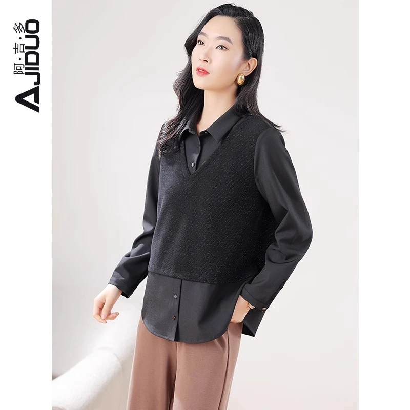 A20330阿吉多假两件衬衫2024新款轻奢高级感叠穿拼接衬衣洋气上衣