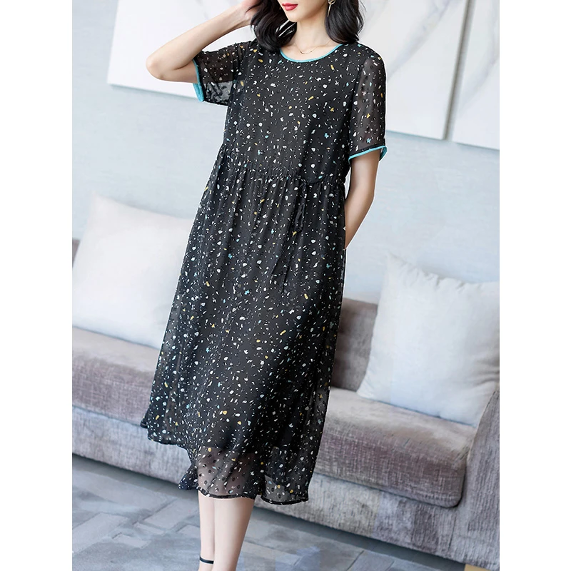 阿吉多-A83756法式漂亮印花连衣裙女夏气质圆领大码宽松a字裙子