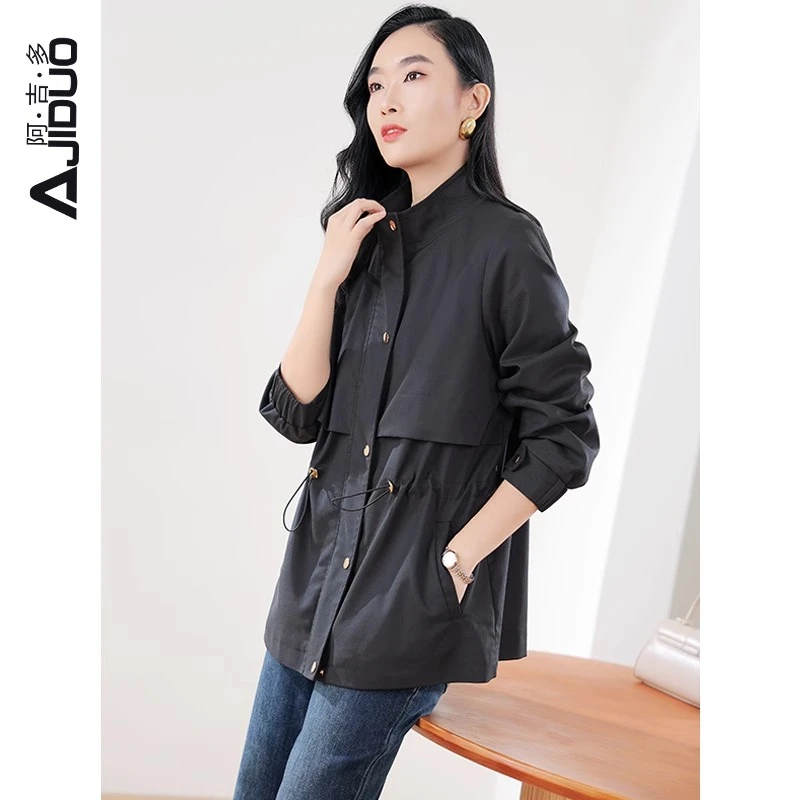 A30668阿吉多黑色长袖外套女春秋款2024新款收腰风衣短款高级上衣