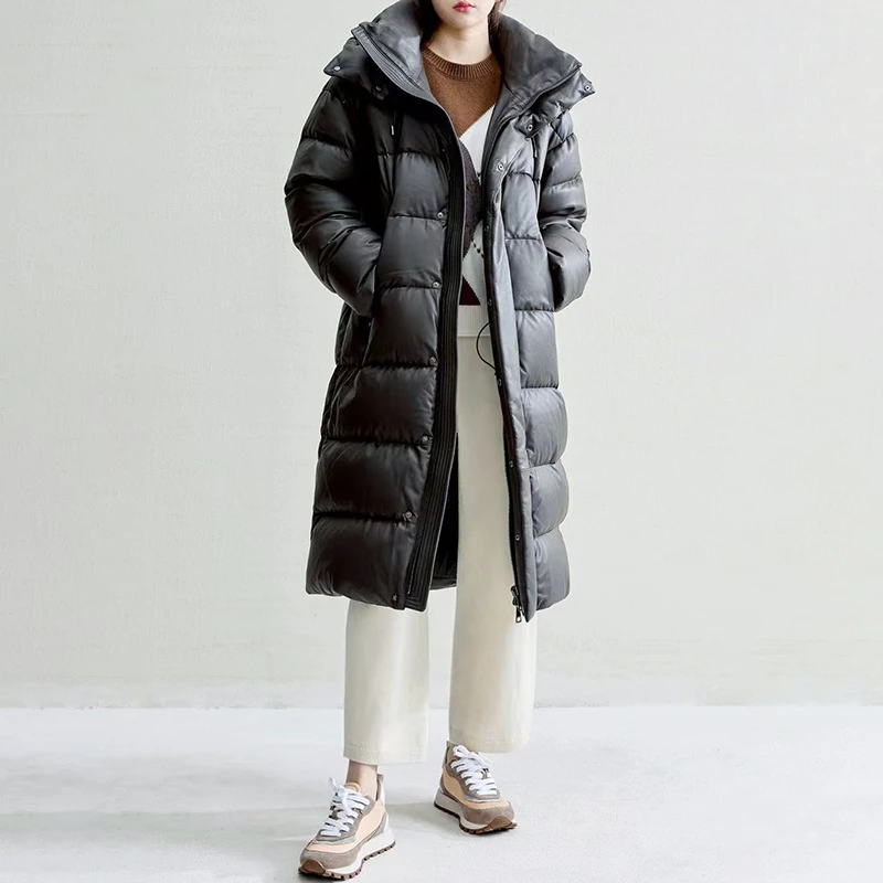 加拿大MG高端大牌进口真皮羊皮羽绒服女鹅绒服长款宽松休闲加厚冬