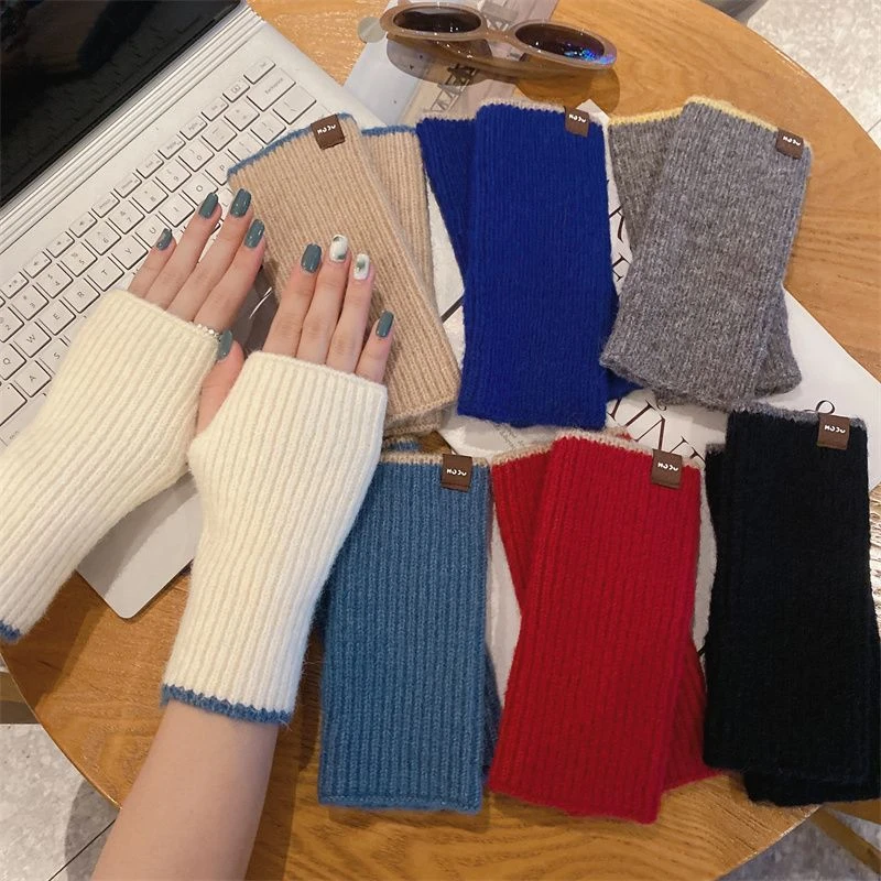 纯色短款露手指手套克莱因蓝半指加厚学生袖套冬针织时尚百搭