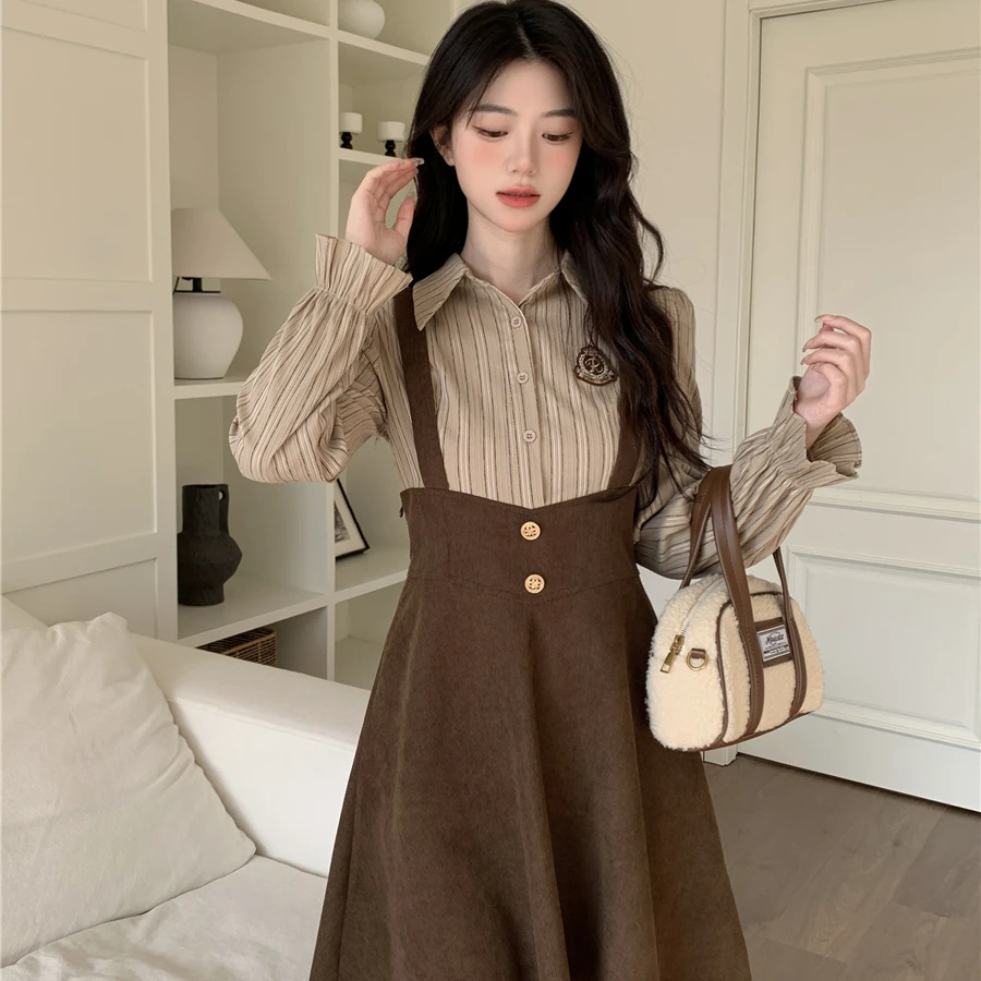 （80-200斤）复古假两件拼接连衣裙秋新款学院风衬衫裙梨形身材1575