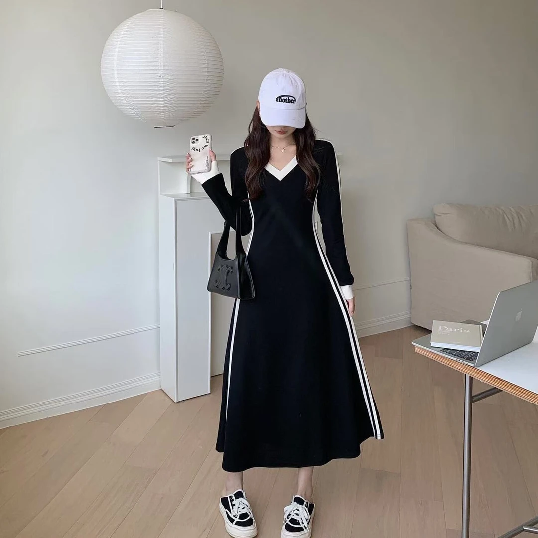 大码胖mm秋条纹V领长袖t恤打底裙连衣裙女韩版高级感a字长裙1637