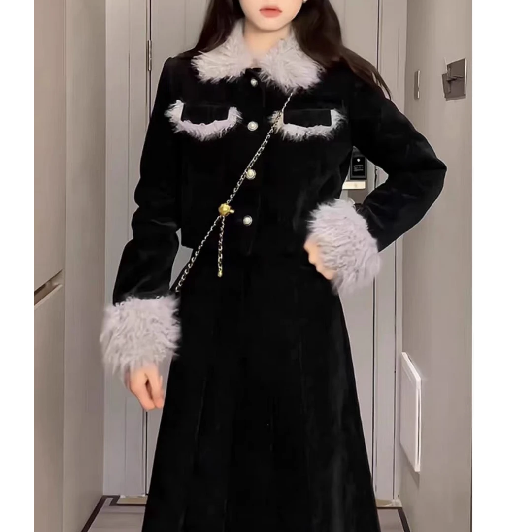 赫本风黑色两件套装秋冬富家千金小香风外套上衣半身裙高级感1649