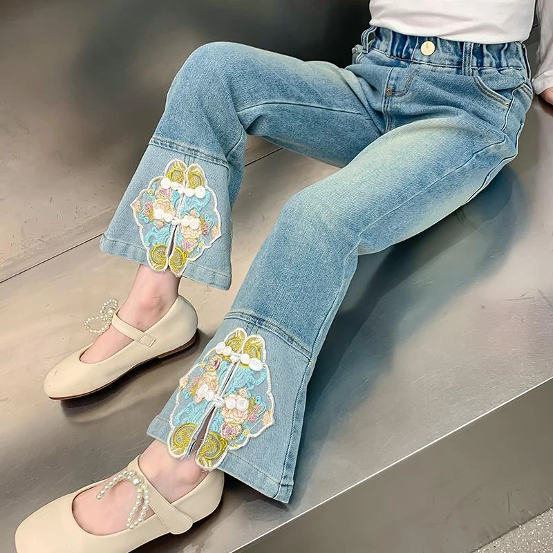 女童牛仔裤夏装2025新款儿童洋气时髦裤子女孩春夏网红国风喇叭裤