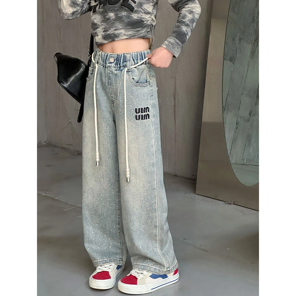 女童裤子春秋外穿2025新款中大童休闲直筒阔腿宽松春季儿童牛仔裤