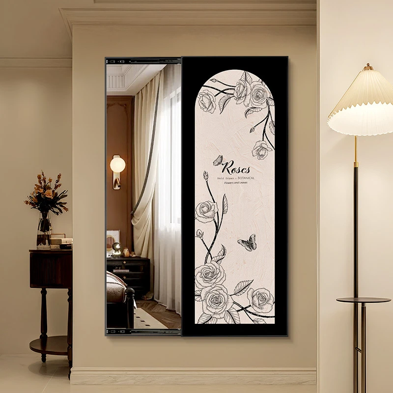 家用隐形推拉镜中古风玄关装饰画可关闭暗藏式全身镜壁画2024新款