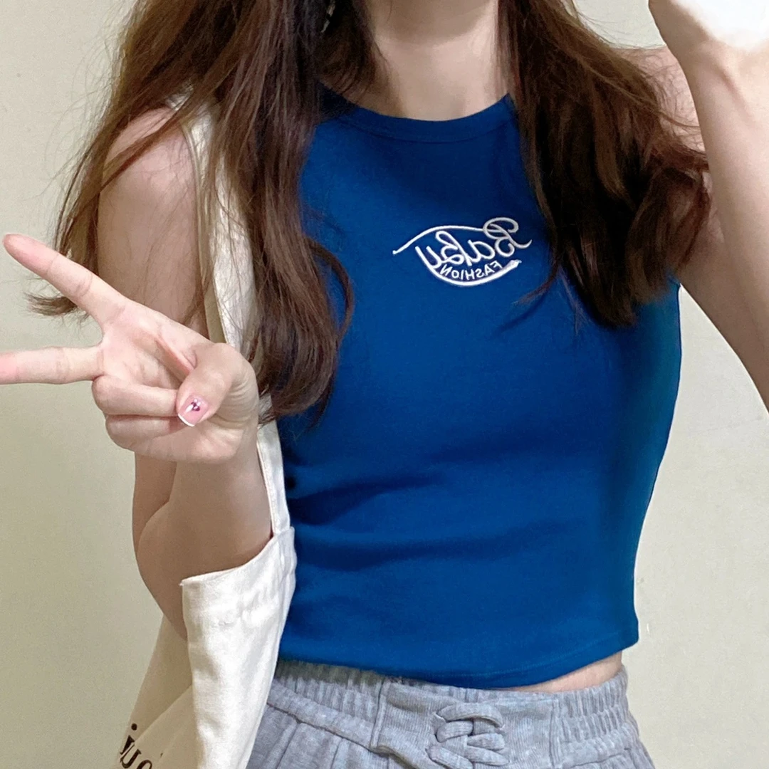 夏季ins甜辣运动刺绣吊带背心学生韩版休闲外穿短款百搭小众上衣