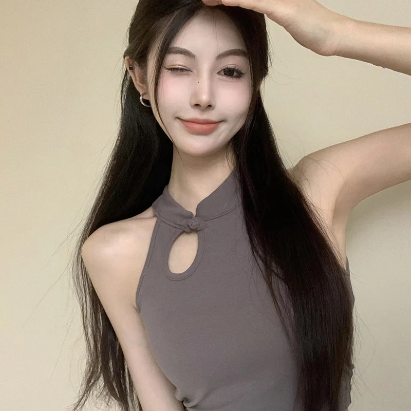 辣妹镂空小吊带夏季新中式复古盘扣性感打底修身简约纯色内搭背心
