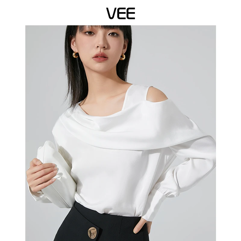 VEE【浪漫满屋】新款时尚气质优雅露肩宽松长袖衬衣休闲衬衫白色