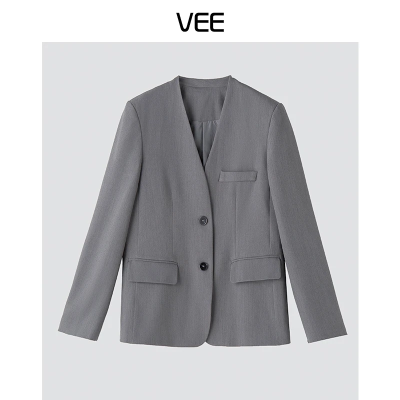 VEE【静奢风】百搭设计感气质都市知识风摩登简约无领西装外套