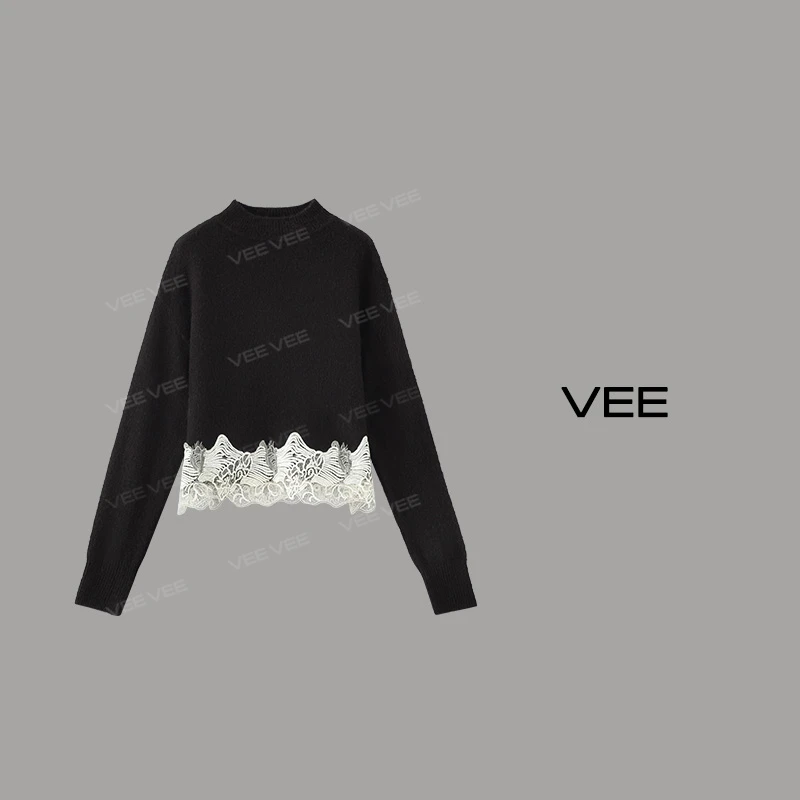 VEE【腰间芭蕾】新款时尚气质百搭针织蕾丝拼接圆领秋冬套头毛衣女