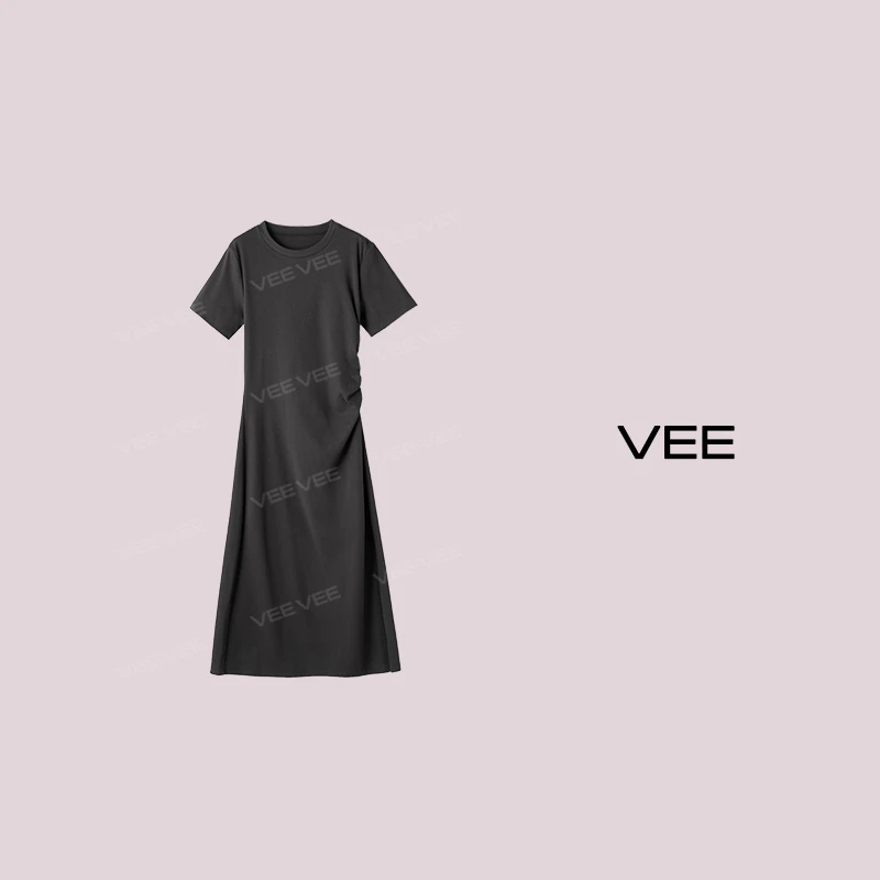 VEE【马赛裙】夏气质设计感新品短袖抽褶凉感连衣裙黑色