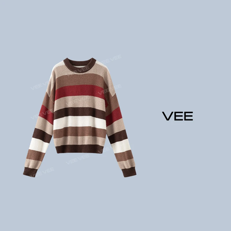 VEE 【美术生】新品简约羊毛混纺撞色条纹打底针织衫