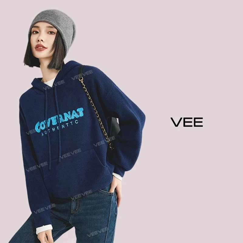 【短视频】VEE【黑客少女】 秋冬款字母刺绣时尚休闲针织连帽套头卫衣