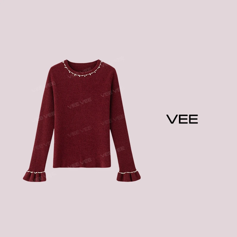 VEE【小说女主】新款百搭浪漫钉珠修身显瘦套头针织衫女