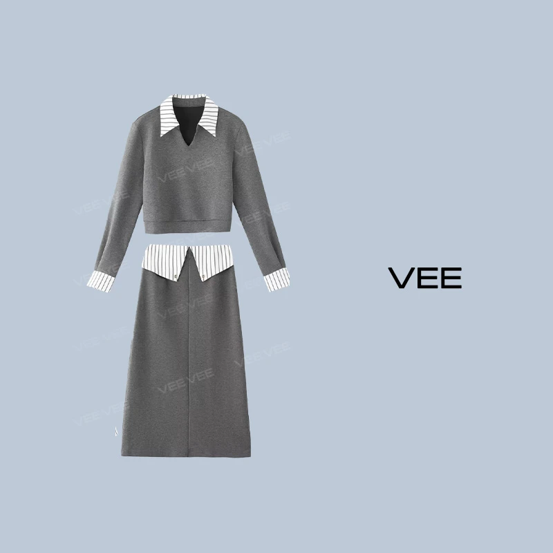 VEE【轻量时髦】早秋新品韩式气质拼接假两件条纹卫衣套装直筒裙