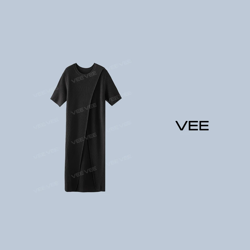 短视频VEE【遇见你】 夏气质圆领短袖开叉长卷针织连衣裙黑色时尚