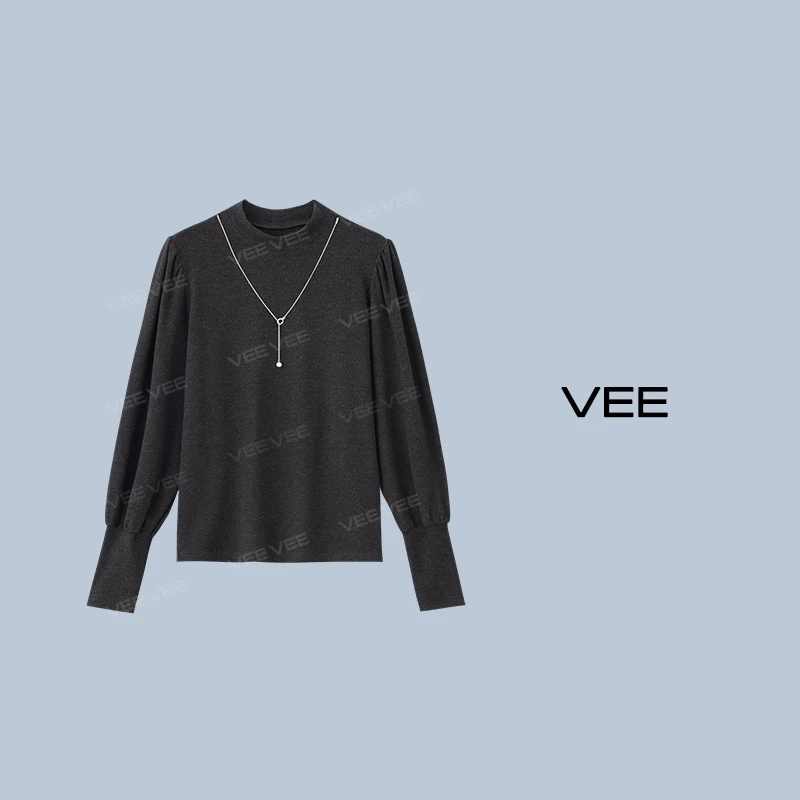 【短视频】VEE【小灯笼】新品百搭复古灯笼袖项链磨毛打底T恤衫