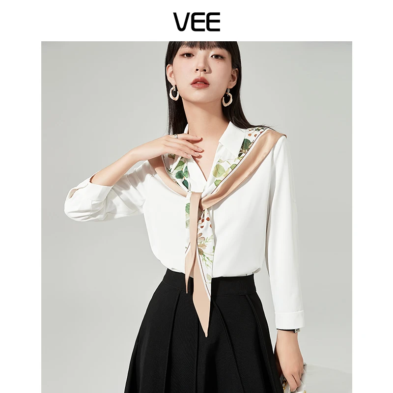 【短视频】VEE【荷塘月色】时尚气质小众丝巾披肩白色衬衣衬衫女士