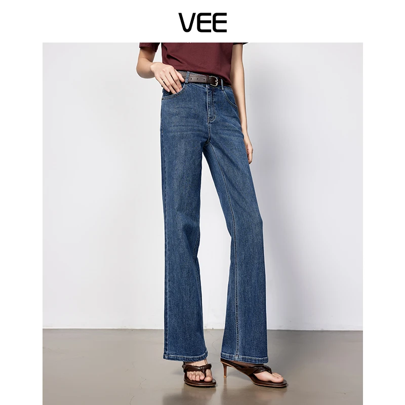 VEE【蓝莓优格】休闲时尚百搭显瘦弹力宽松高腰复古直筒牛仔裤