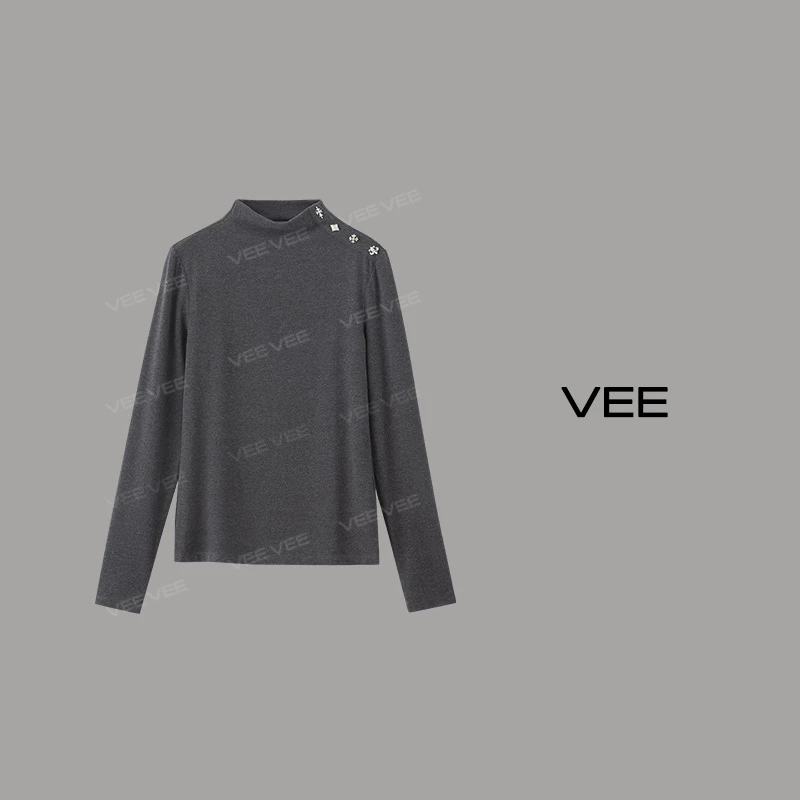 VEE【百分打底】新品时尚百搭长袖磨毛装饰扣秋冬保暖半高领打底衫