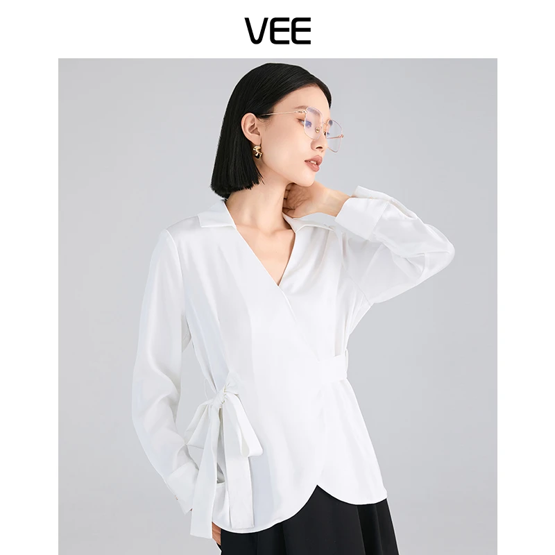VEE 小众时尚设计感百搭休闲气质通勤V领绑带法式白色长袖衬衫女