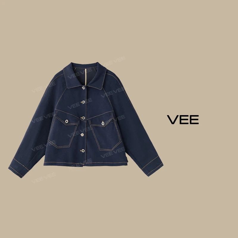 VEE【加州周末】【专属】时尚休闲百搭欧韩短款复古翻领牛仔外套上衣