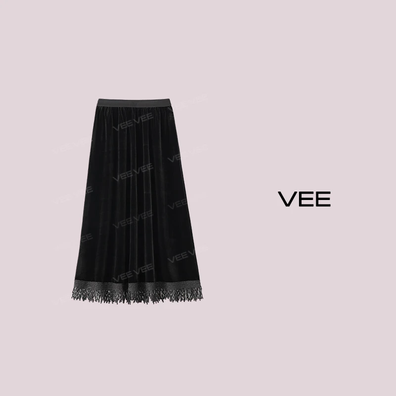 VEE【她很美】新款时尚百搭高腰冬季丝绒蕾丝拼接黑色半裙