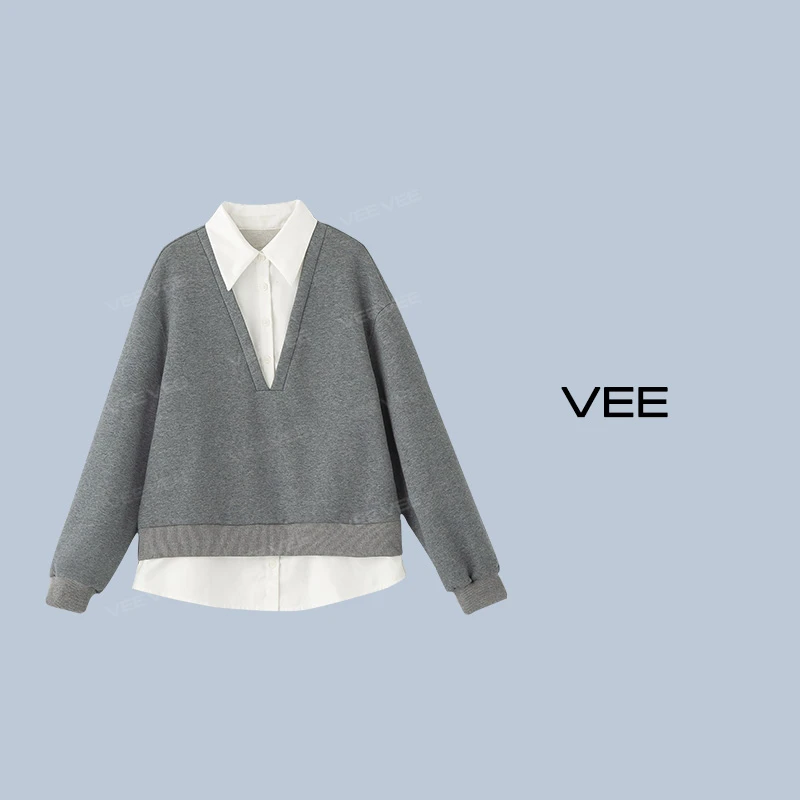 【短视频】VEE【叠搭拍档】新时尚百搭设计感撞色假两件休闲卫衣