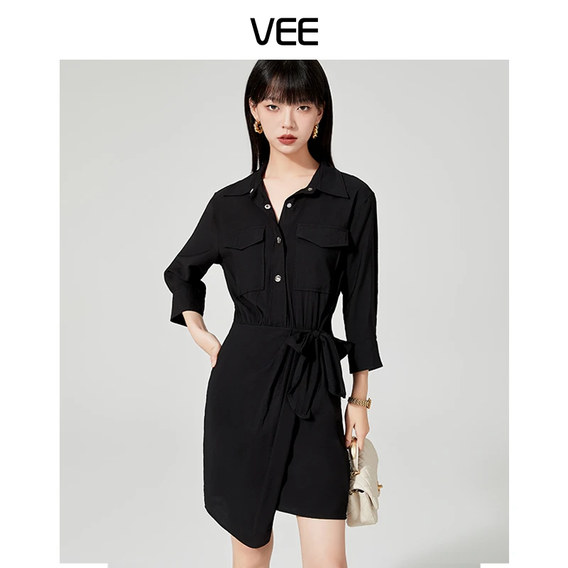 VEE时尚气质百搭优雅通勤收腰显瘦修身口袋中袖夏季衬衫连衣裙