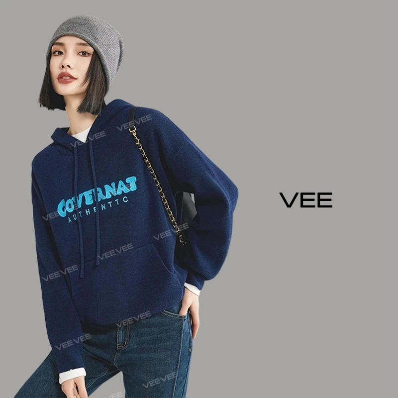 VEE【黑客少女】秋冬新款休闲加绒字母刺绣时尚套头针织连帽卫衣
