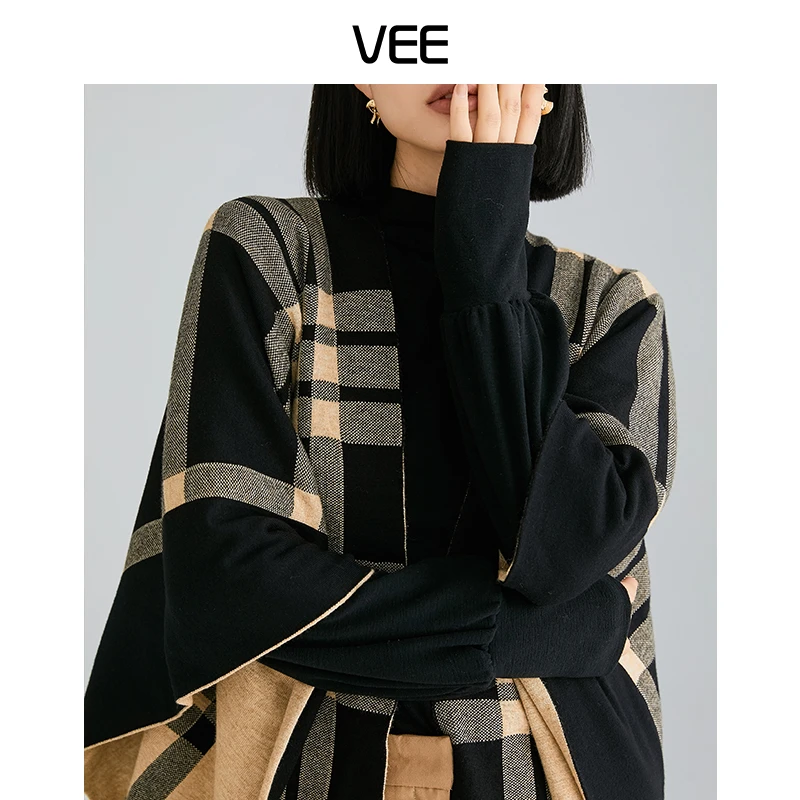 VEE【米兰往事】新款格纹复古时尚百搭格子保暖流苏双面披肩外套