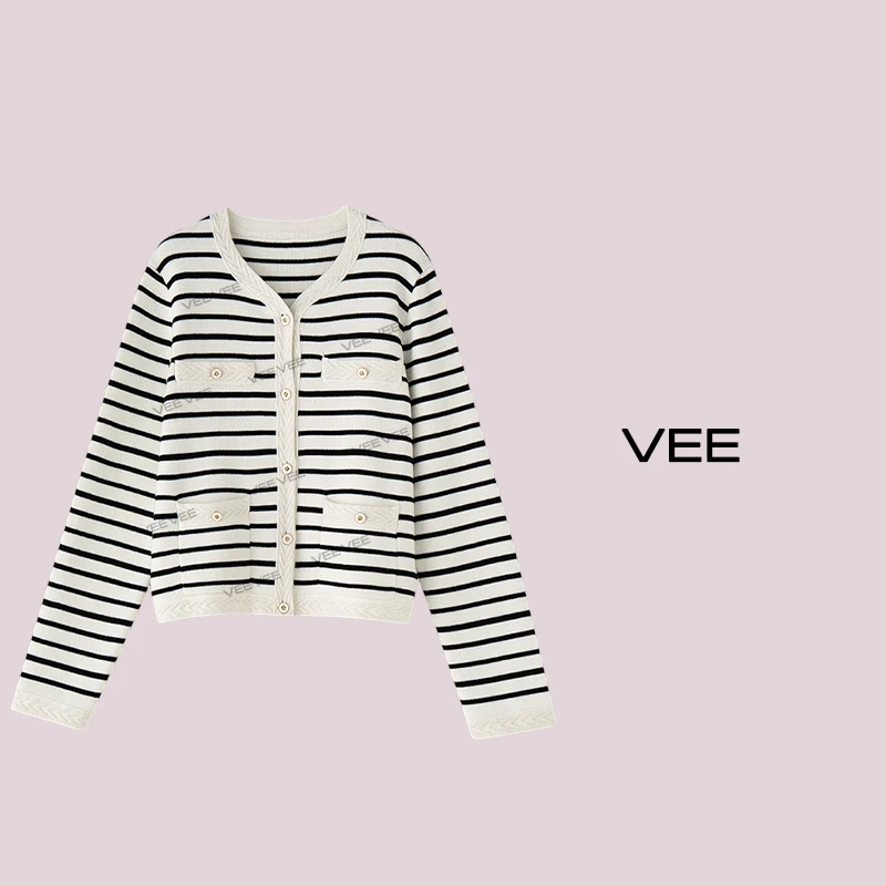 短视频VEE【黑白间奏】法式优雅小香条纹针织外套女