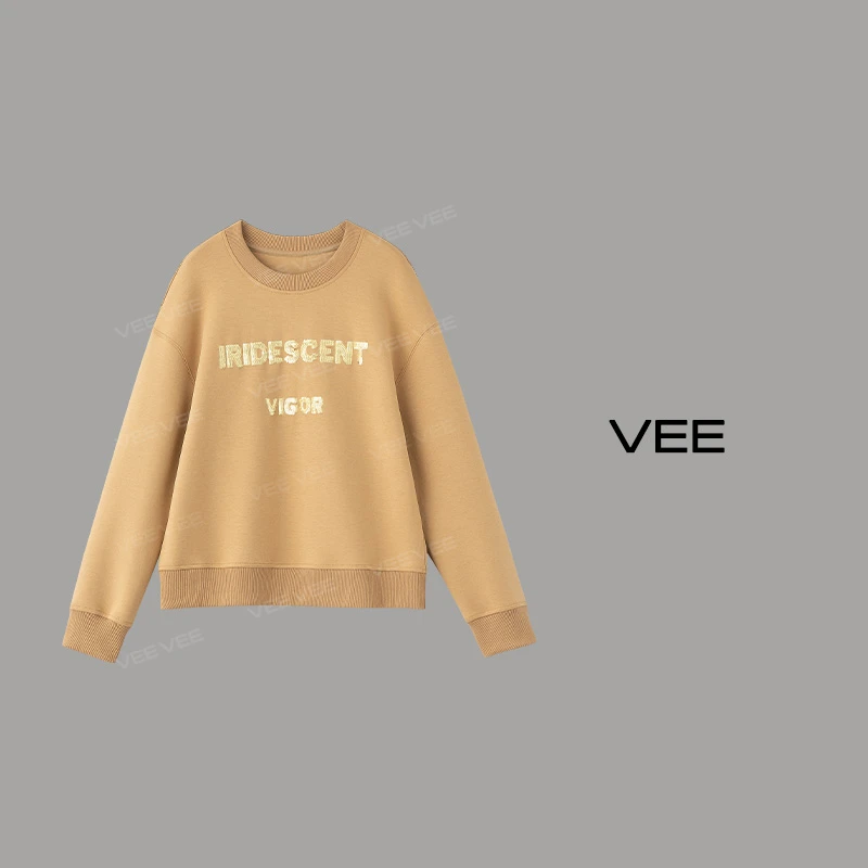 VEE【满分周末】新品重工刺绣亮片圆领时尚百搭宽松套头卫衣女士