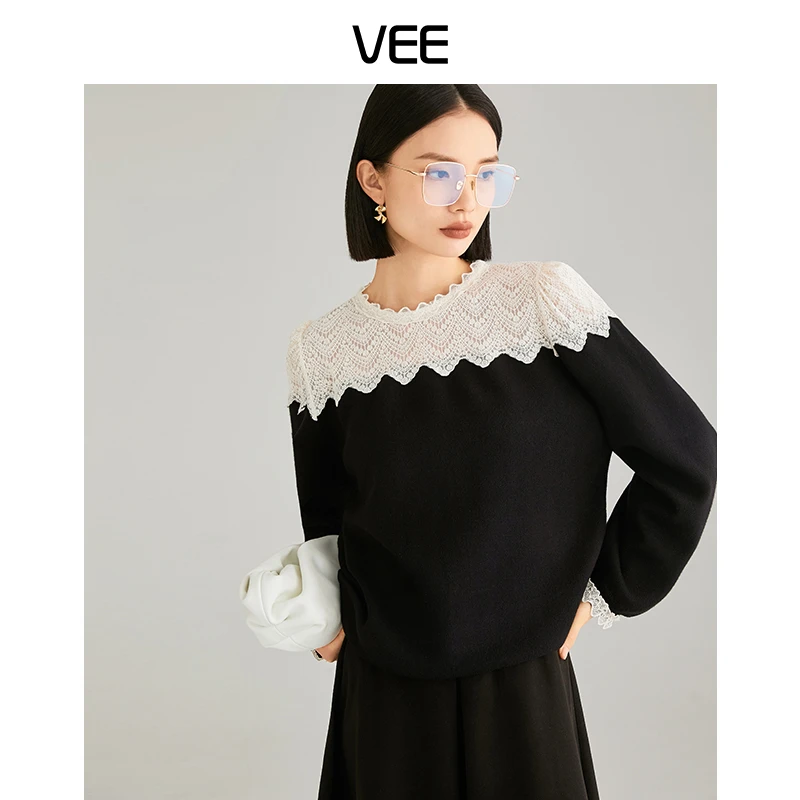 【短视频】VEE【优雅小姐】冬季新款气质优雅蕾丝拼接针织衫秋冬撞色